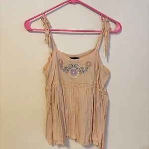 Wet Seal Y2K Babydoll Tie Strap Floral Embroidered Cami Tank Top Pink Size Large